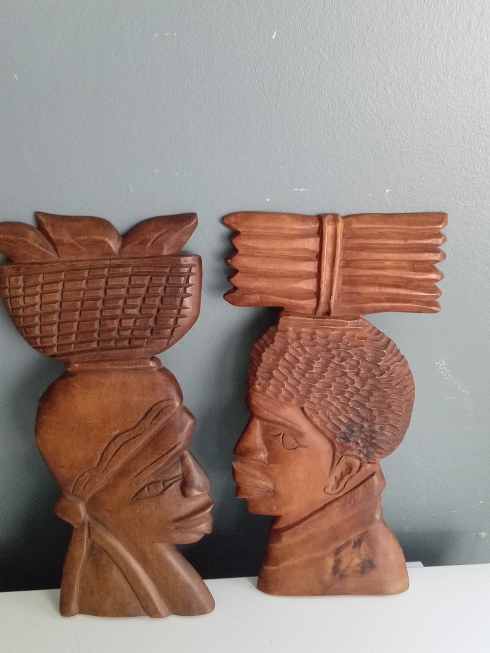 Vintage Bermuda Hand Carved Wood Wall Art Plaques Man Woman Folk Art Set of 2